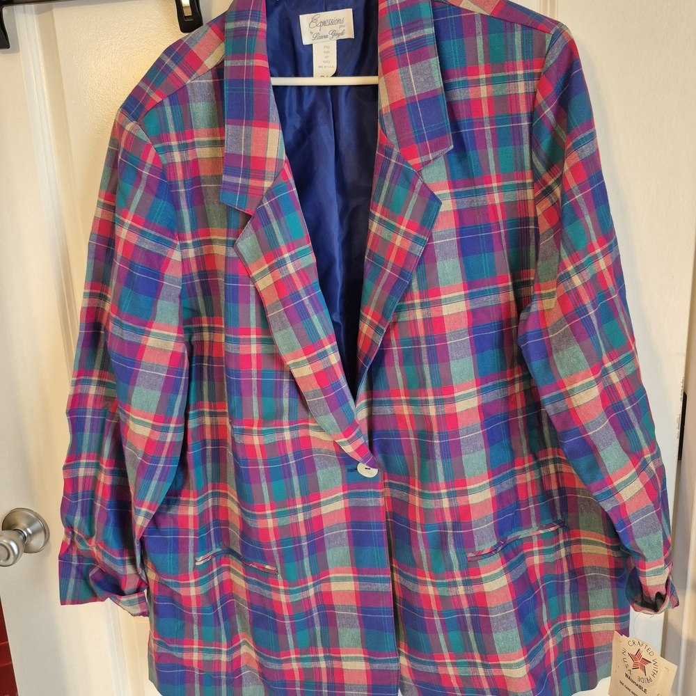 Expressions Plus By Laura Gayle Plaid Single-Button Blazer - Purple/Pink/Teal